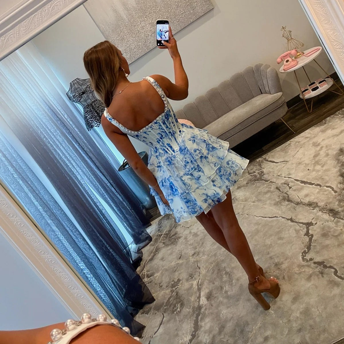 Square Neck Thick Strap Rhinestone Trim Boned Corset Floral Print Chiffon Three-Tier Ruffle A-Line Homecoming Dress Mini