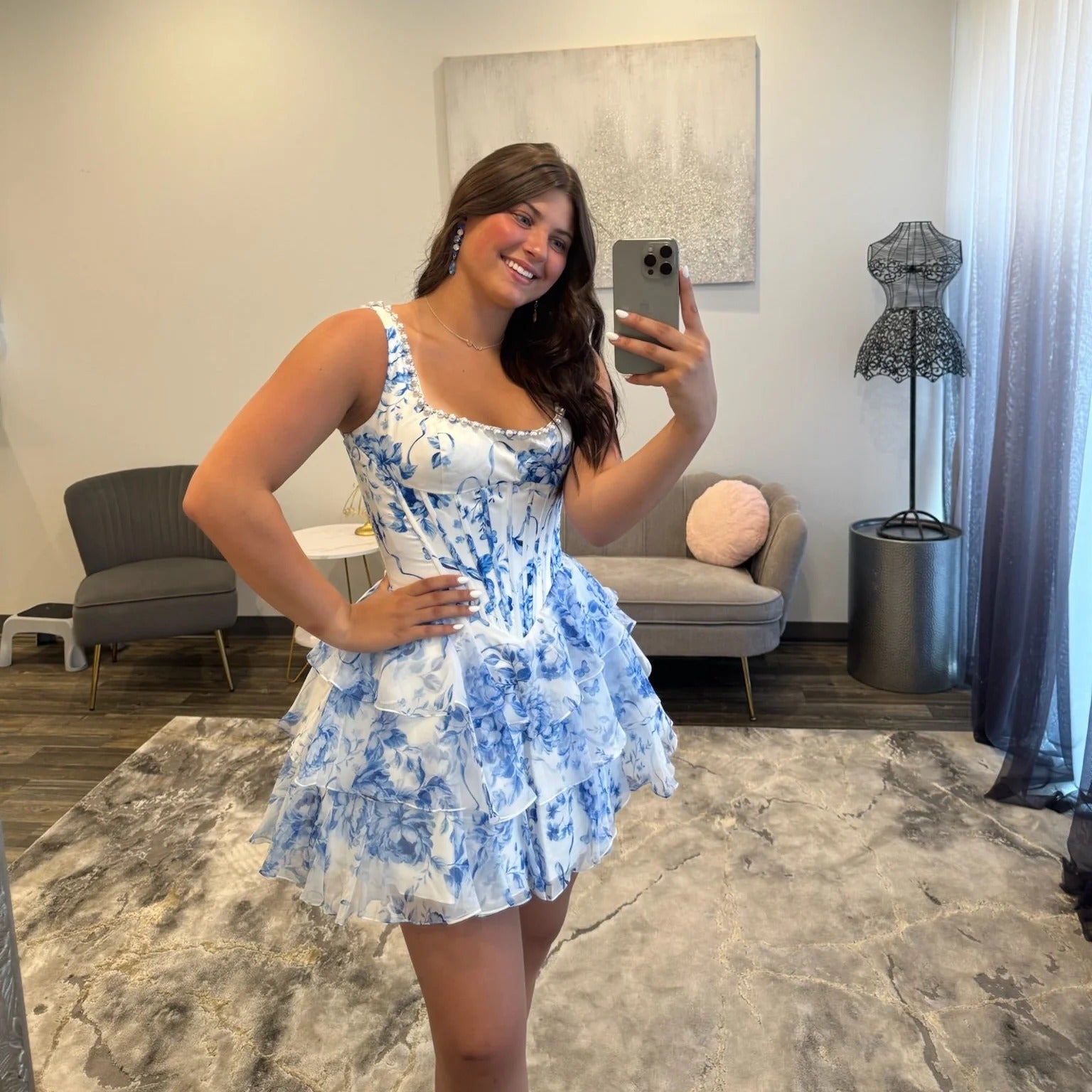 Square Neck Thick Strap Rhinestone Trim Boned Corset Floral Print Chiffon Three-Tier Ruffle A-Line Homecoming Dress Mini