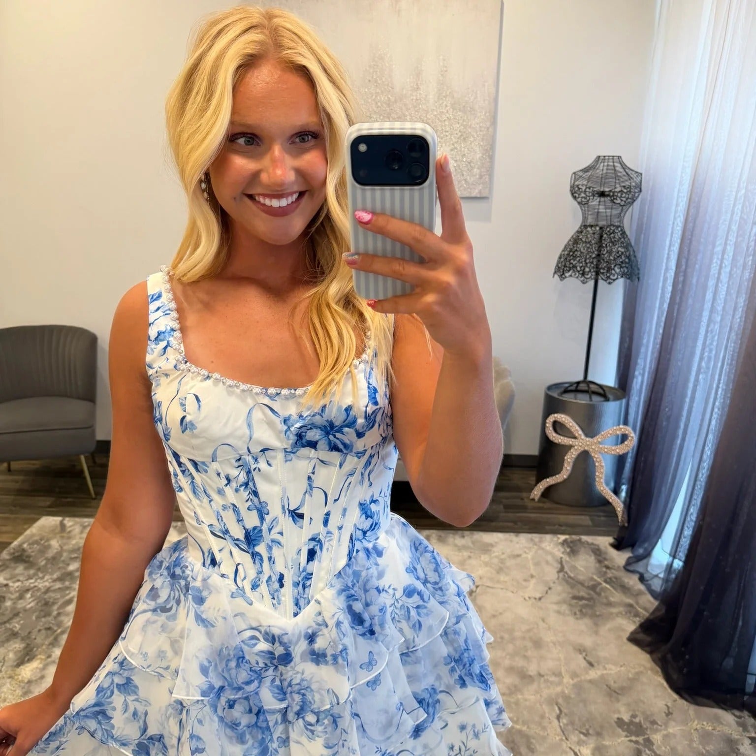 Square Neck Thick Strap Rhinestone Trim Boned Corset Floral Print Chiffon Three-Tier Ruffle A-Line Homecoming Dress Mini