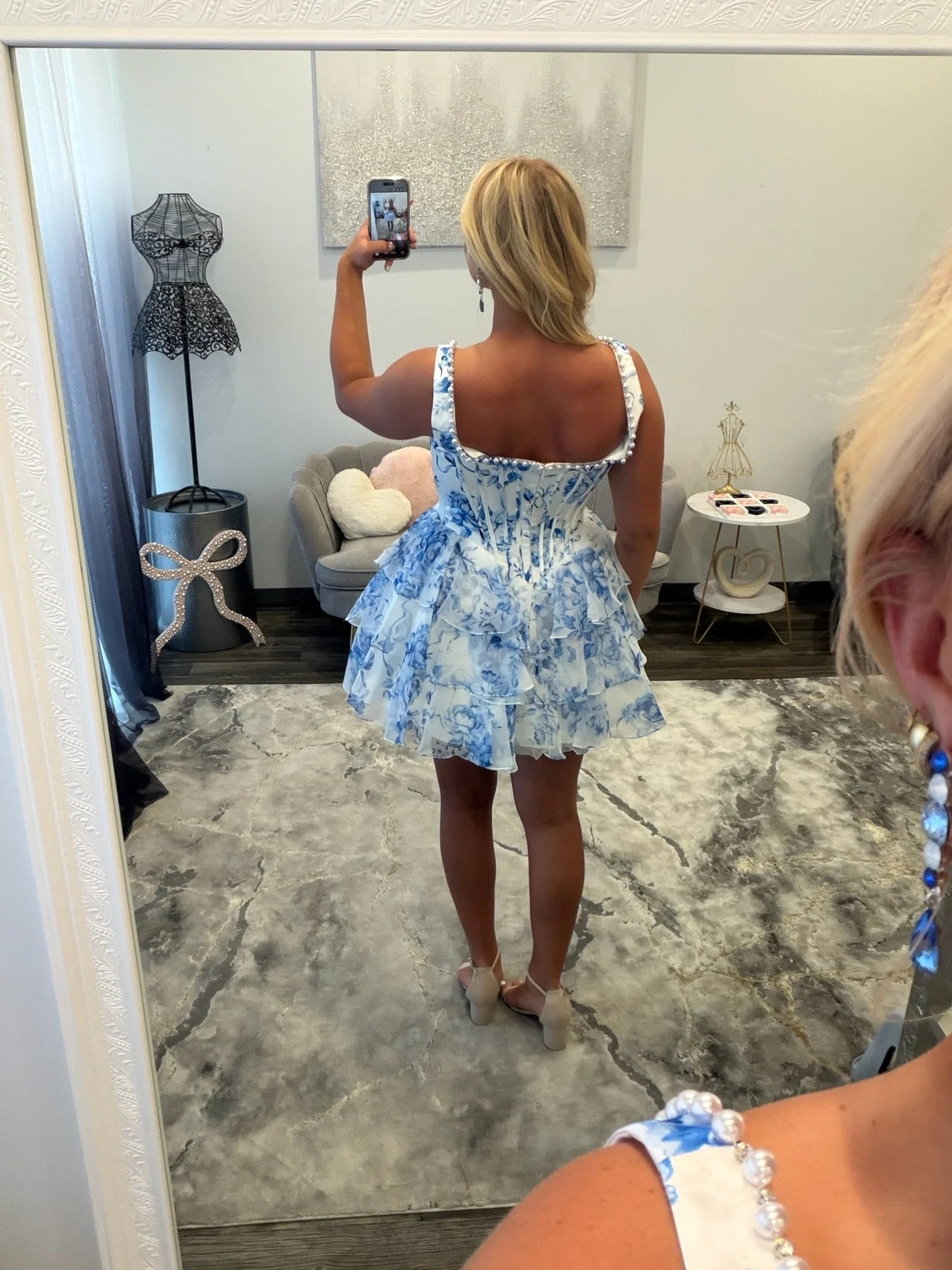 Square Neck Thick Strap Rhinestone Trim Boned Corset Floral Print Chiffon Three-Tier Ruffle A-Line Homecoming Dress Mini