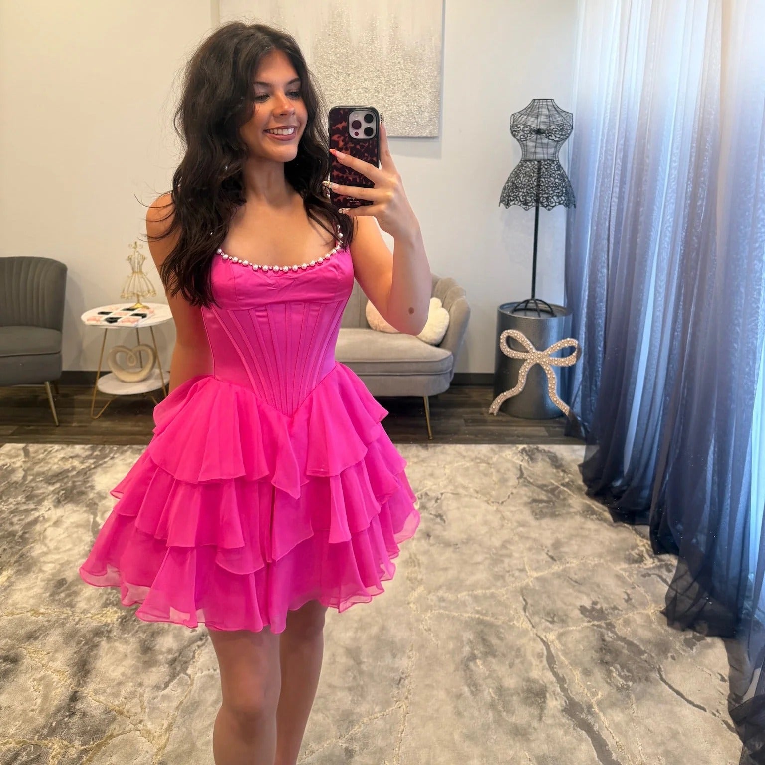 Square Neck Thick Strap Rhinestone Trim Boned Corset Three-Tier Chiffon Ruffle A-Line Homecoming Dress Mini
