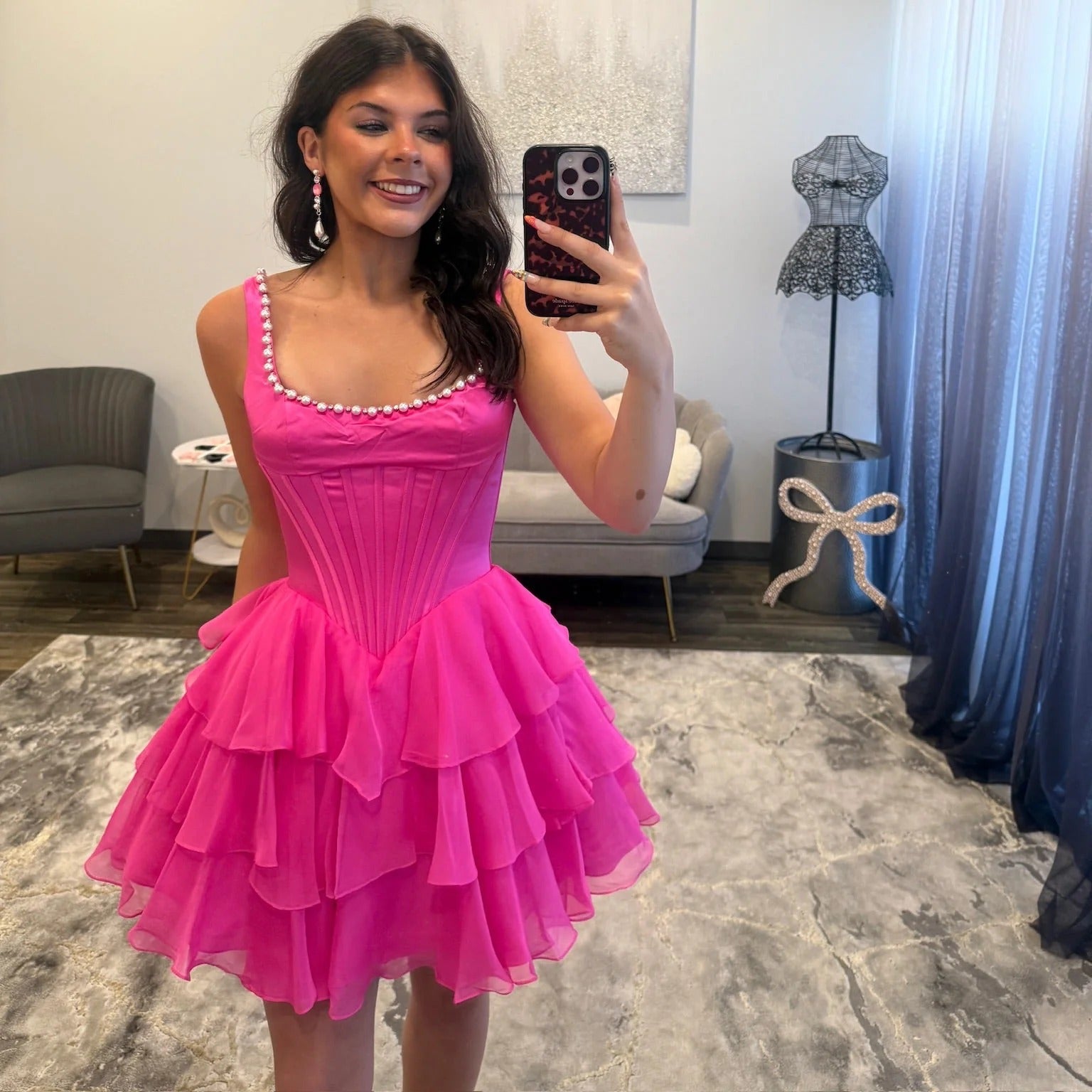 Square Neck Thick Strap Rhinestone Trim Boned Corset Three-Tier Chiffon Ruffle A-Line Homecoming Dress Mini