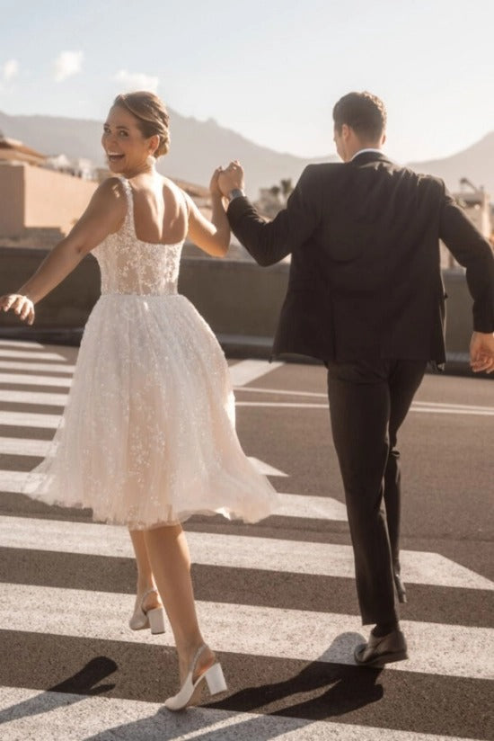 Square Neck Wide Strap Visible Boning Illusion Corset All-Over 3D Floral Sequin Embroidery Ultra-Full Ballet Mini Skirt Short Wedding Dress