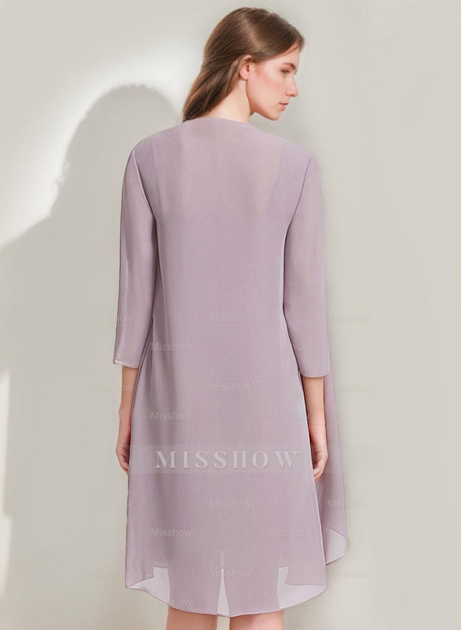 Square Neckline 3/4 Sleeve Knee-Length Sheath/Column Mother of the Bride Dress with Jacket Ruffles Pleats and Beads Square Neckline 3/4 Sleeve Knee-Length Sheath/Column Mother of the Bride Dress with Jacket Ruffles Pleats and Beads