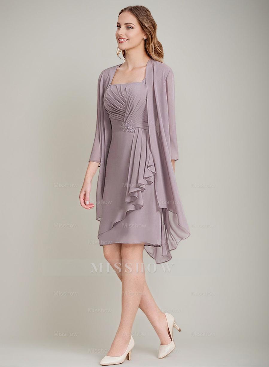Square Neckline 3/4 Sleeve Knee-Length Sheath/Column Mother of the Bride Dress with Jacket Ruffles Pleats and Beads