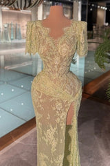 Square Scoop Neck Eyelash Lace Short Sleeve All-Over Floral Lace Side Draped Panel High Slit Column Evening Dress Sweep Train