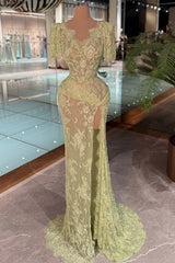 Square Scoop Neck Eyelash Lace Short Sleeve All-Over Floral Lace Side Draped Panel High Slit Column Evening Dress Sweep Train