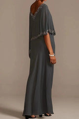 Steel Grey Chiffon Cape Mother of the Bride Dress V-Neck Crystal Beaded Trim Asymmetric Overlay Floor Length Sheath Gown