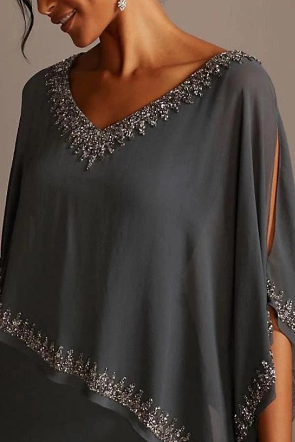 Steel Grey Chiffon Cape Mother of the Bride Dress V-Neck Crystal Beaded Trim Asymmetric Overlay Floor Length Sheath Gown