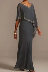 Steel Grey Chiffon Cape Mother of the Bride Dress V-Neck Crystal Beaded Trim Asymmetric Overlay Floor Length Sheath Gown
