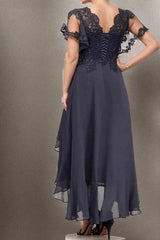 Stormy Chiffon Mother of the Bride Dress V-Neck Scallop Lace Flutter Sleeves Beaded Lace Corset Bodice Corset Back Multi-Layer Hi-Low Ruffle Chiffon Skirt Tea Length