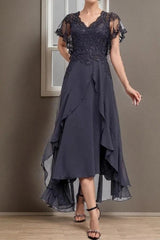 Stormy Chiffon Mother of the Bride Dress V-Neck Scallop Lace Flutter Sleeves Beaded Lace Corset Bodice Corset Back Multi-Layer Hi-Low Ruffle Chiffon Skirt Tea Length
