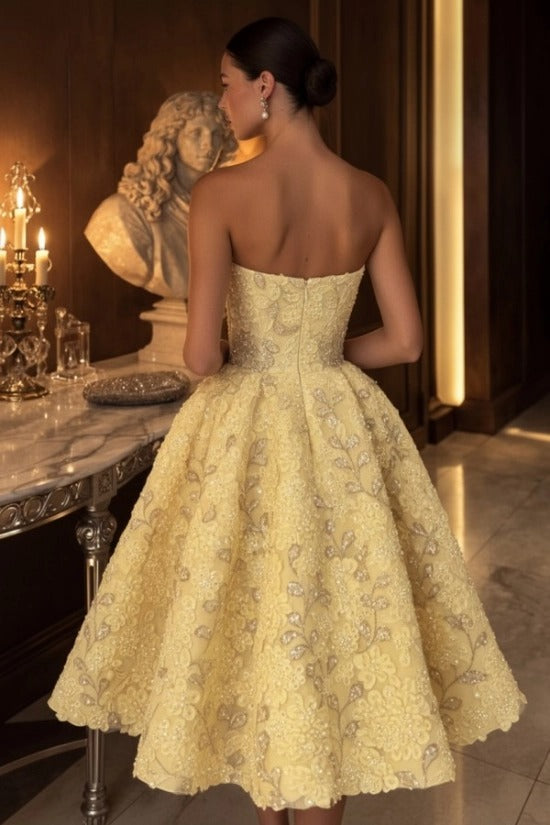 Strapless 3D Floral Applique Beaded Lace Boned Corset A-Line Tea Length Party Dress
