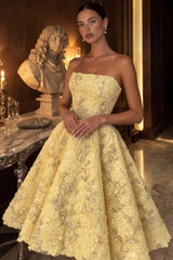 Strapless 3D Floral Applique Beaded Lace Boned Corset A-Line Tea Length Party Dress