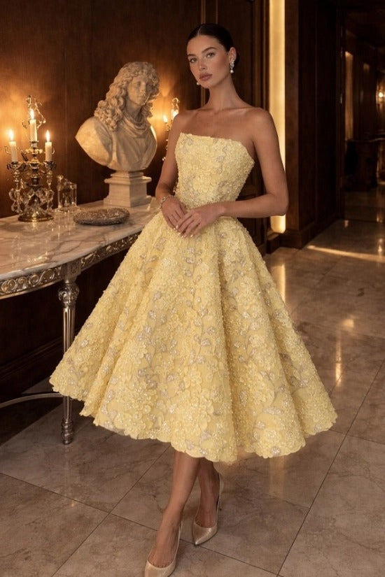 Strapless 3D Floral Applique Beaded Lace Boned Corset A-Line Tea Length Party Dress