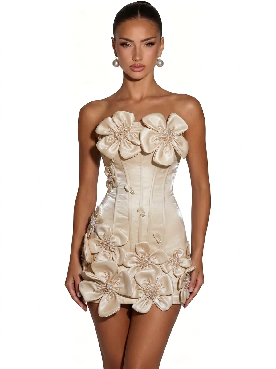 Strapless 3D Floral Applique Boned Corset Scallop Hem Satin Column Homecoming Dress Lace-Up Mini