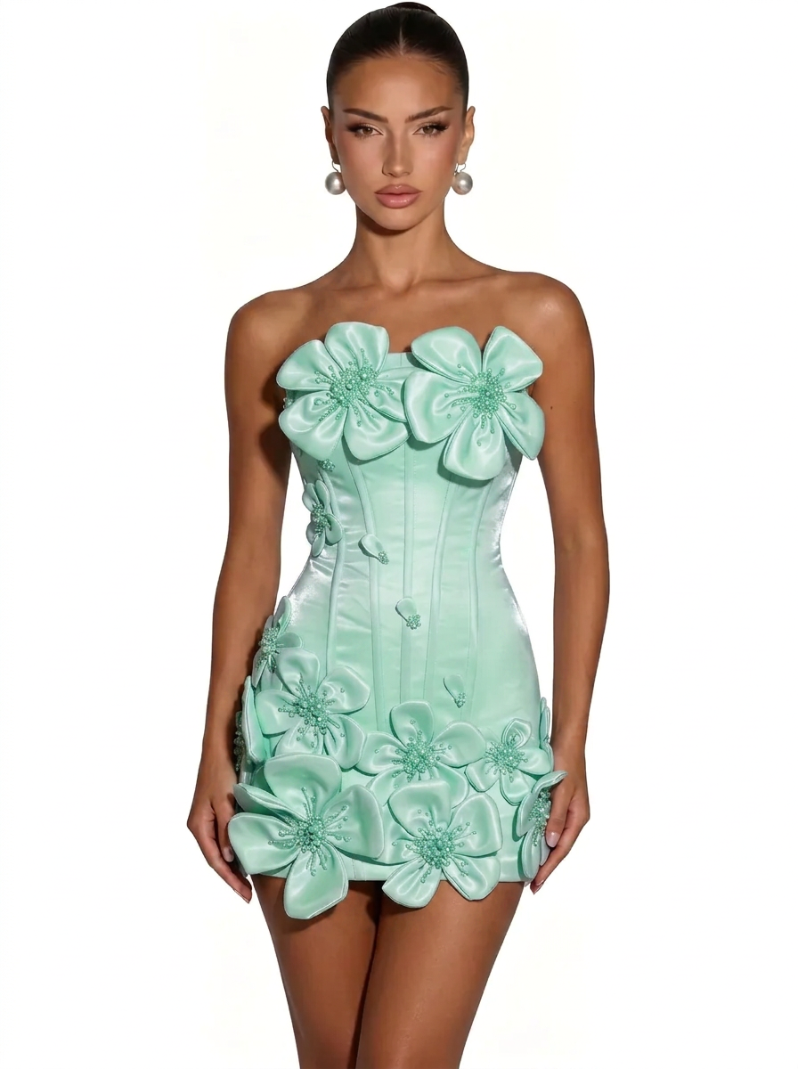Strapless 3D Floral Applique Boned Corset Scallop Hem Satin Column Homecoming Dress Lace-Up Mini