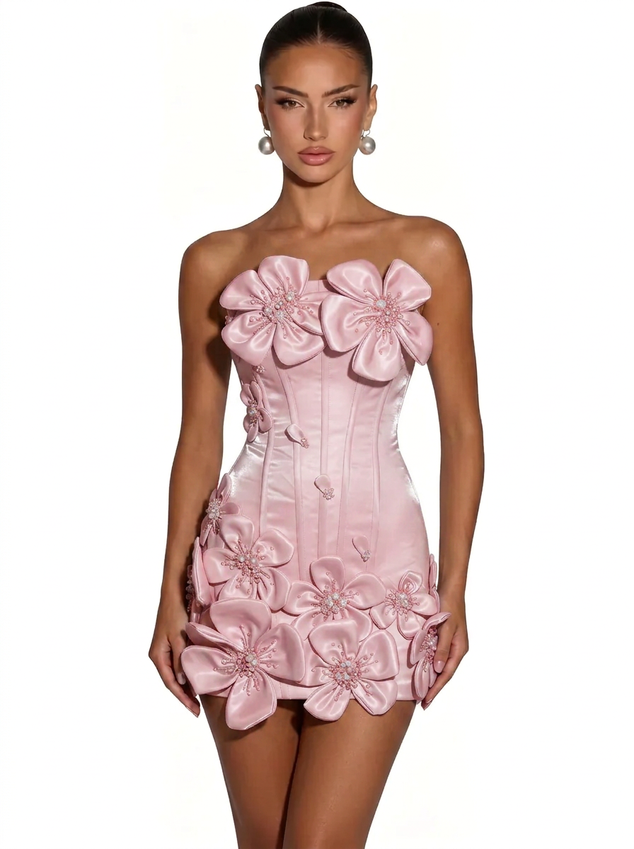 Strapless 3D Floral Applique Boned Corset Scallop Hem Satin Column Homecoming Dress Lace-Up Mini