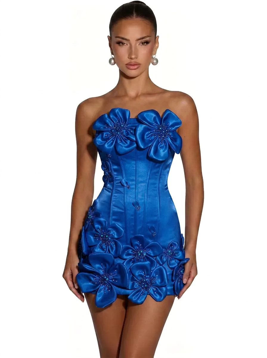 Strapless 3D Floral Applique Boned Corset Scallop Hem Satin Column Homecoming Dress Lace-Up Mini