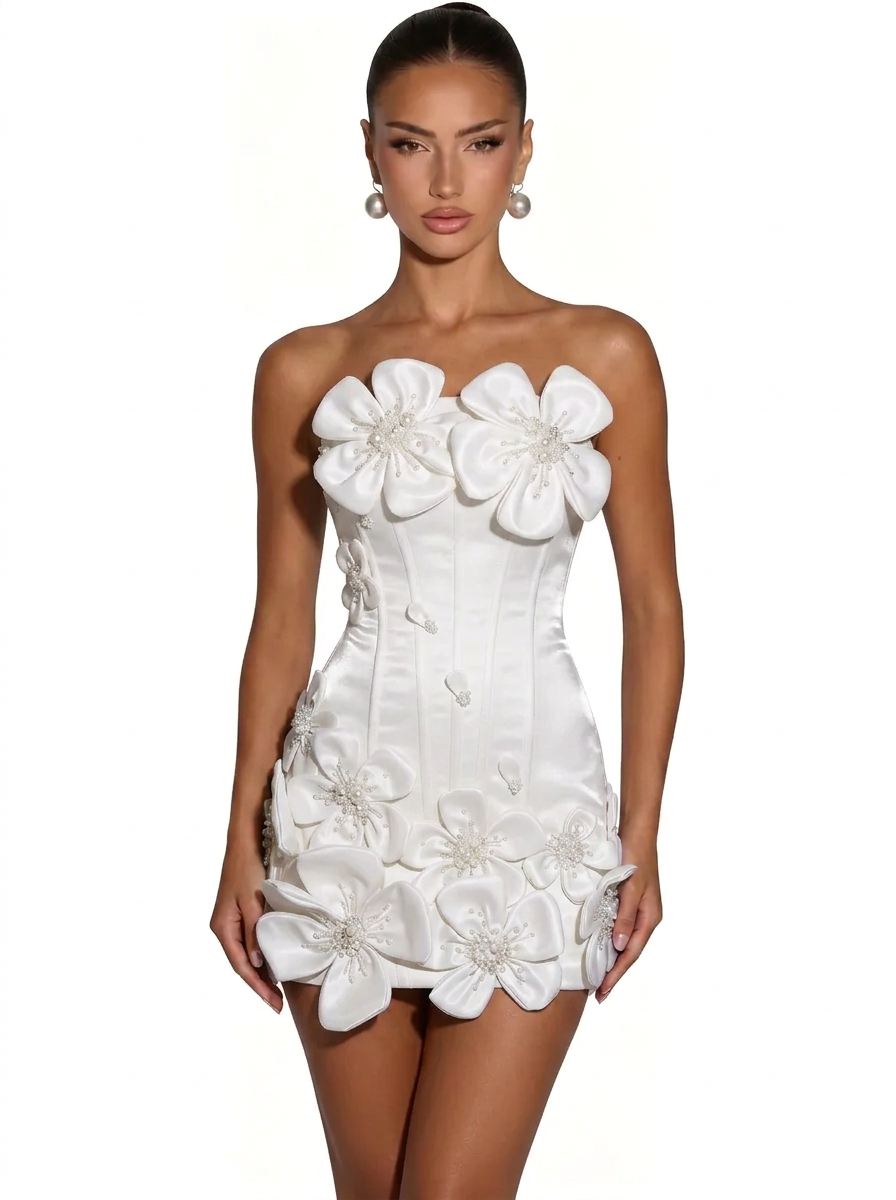 Strapless 3D Floral Applique Boned Corset Scallop Hem Satin Column Homecoming Dress Lace-Up Mini