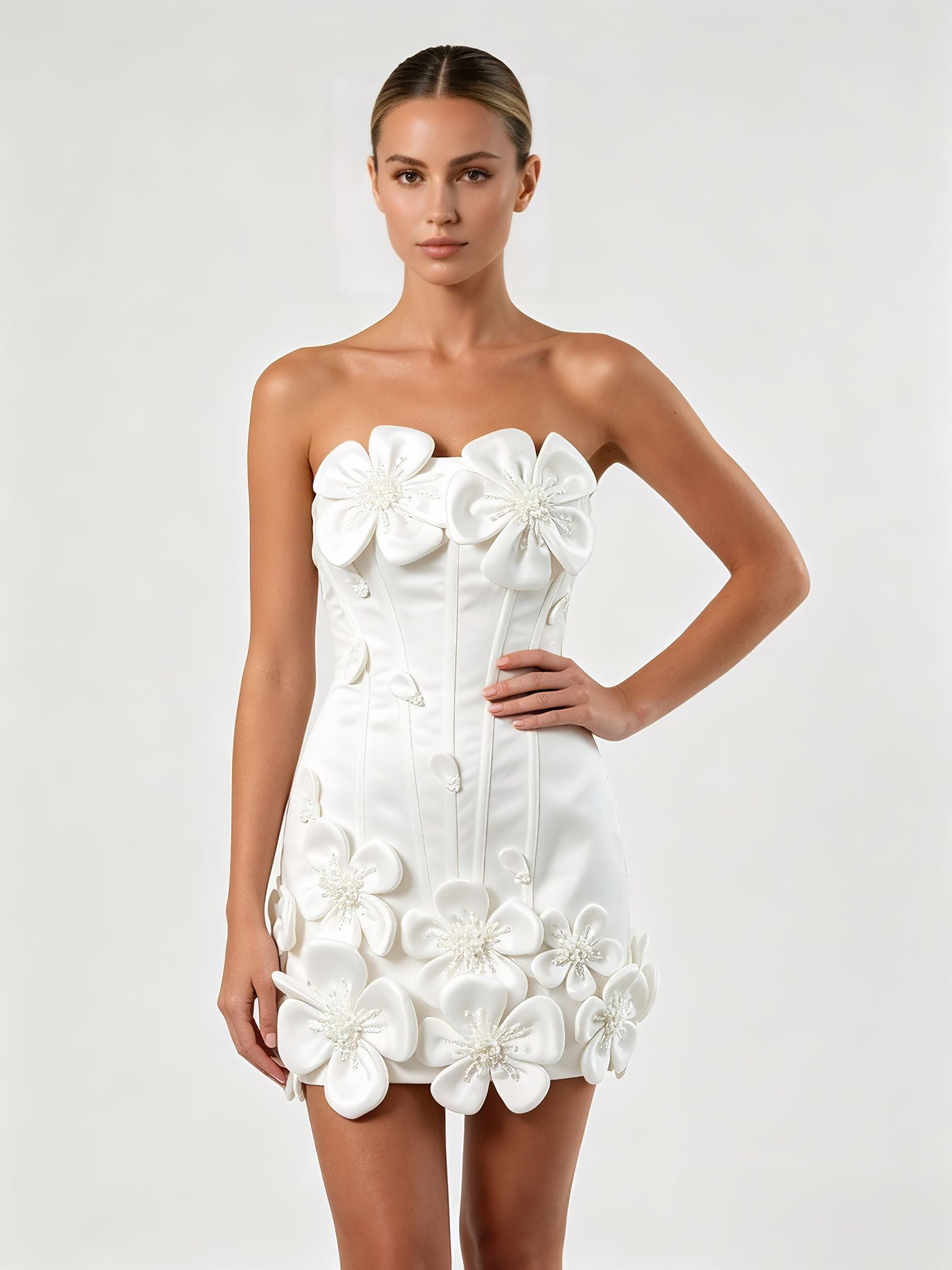 Strapless 3D Floral Applique Boned Corset Scallop Hem Satin Column Homecoming Dress Lace-Up Mini