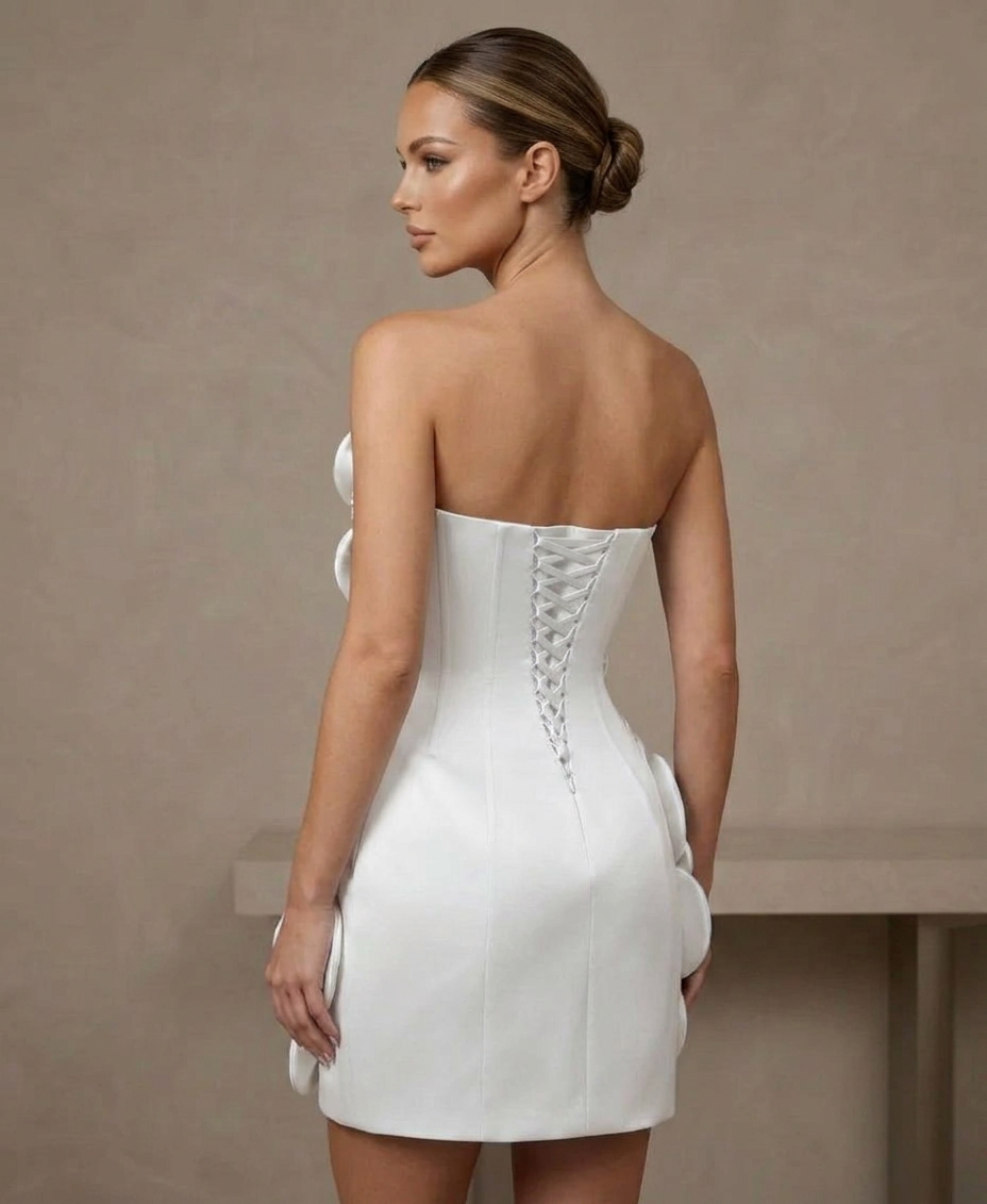 Strapless 3D Floral Applique Boned Corset Scallop Hem Satin Column Homecoming Dress Lace-Up Mini