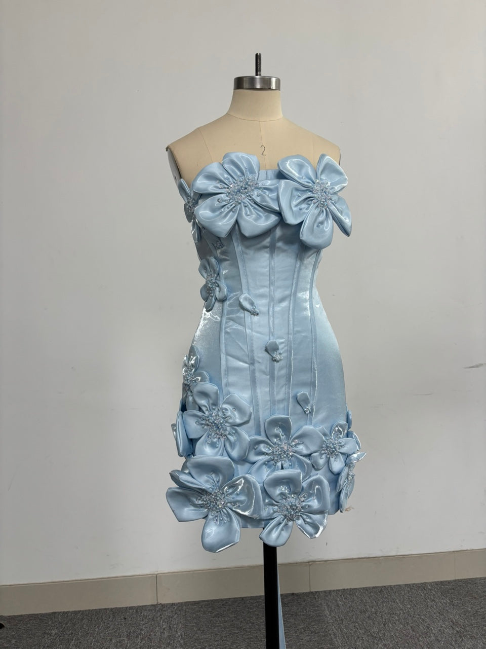Strapless 3D Floral Applique Boned Corset Scallop Hem Satin Column Homecoming Dress Lace-Up Mini