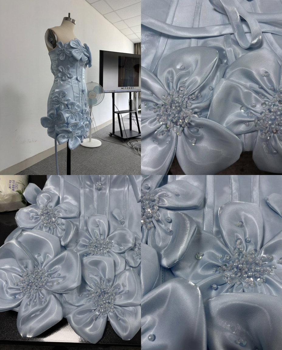 Strapless 3D Floral Applique Boned Corset Scallop Hem Satin Column Homecoming Dress Lace-Up Mini