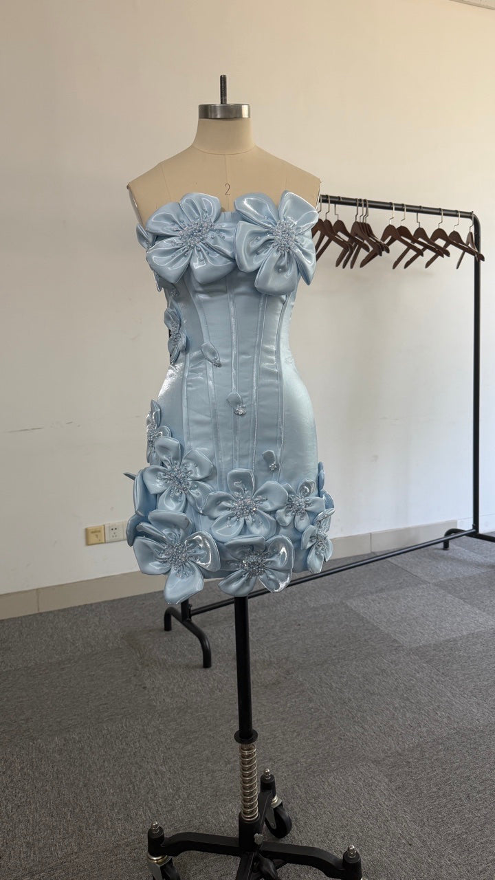 Strapless 3D Floral Applique Boned Corset Scallop Hem Satin Column Homecoming Dress Lace-Up Mini