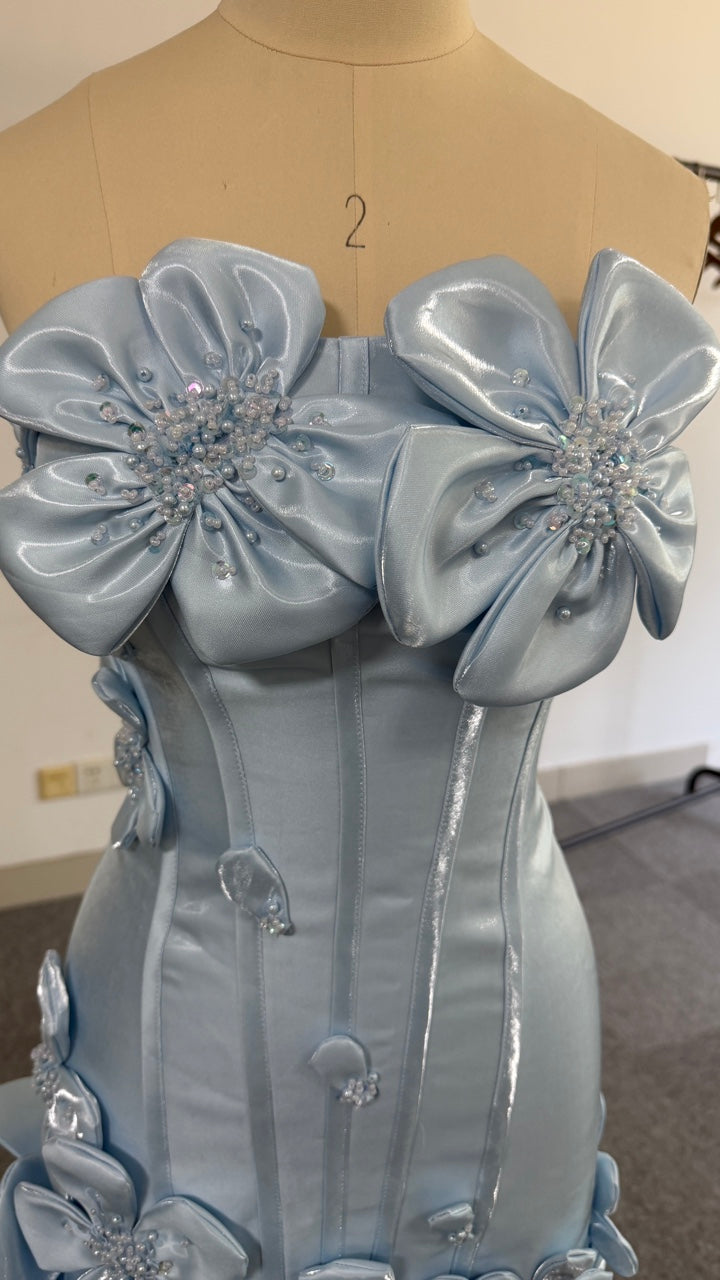 Strapless 3D Floral Applique Boned Corset Scallop Hem Satin Column Homecoming Dress Lace-Up Mini
