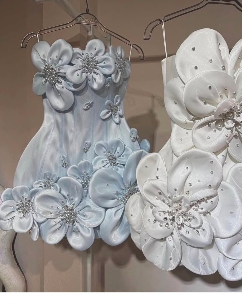 Strapless 3D Floral Applique Boned Corset Scallop Hem Satin Column Homecoming Dress Lace-Up Mini