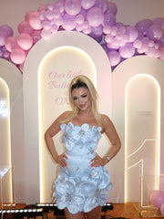 Strapless 3D Floral Applique Boned Corset Scallop Hem Satin Column Homecoming Dress Lace-Up Mini