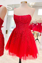 Strapless All-Over Lace Applique Structured Boned Corset Flared Tulle A-Line Short Homecoming Dress