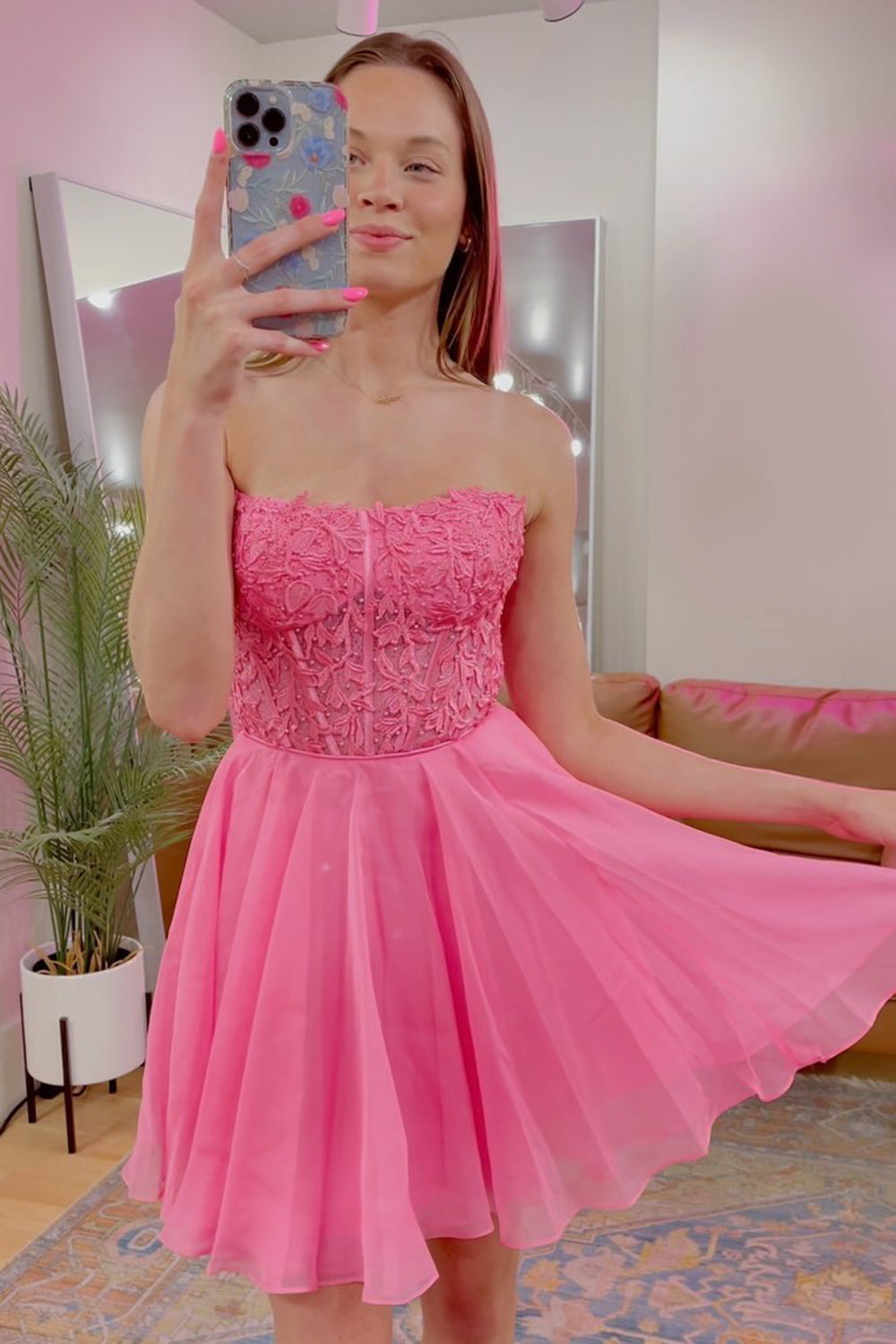 Strapless All-Over Lace Applique Structured Boned Corset Flared Tulle A-Line Short Homecoming Dress