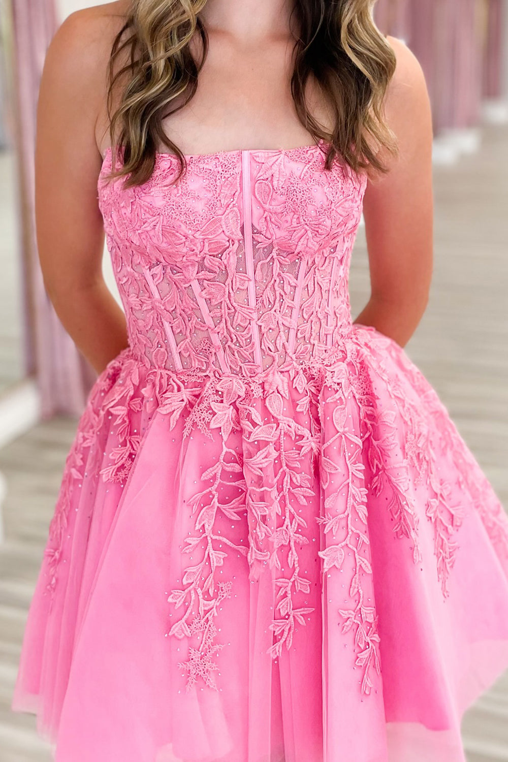 Strapless All-Over Lace Applique Structured Boned Corset Flared Tulle A-Line Short Homecoming Dress