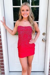 Strapless All-Over Rhinestone Satin Lace-Up Open Back Bodycon Homecoming Dress Mini