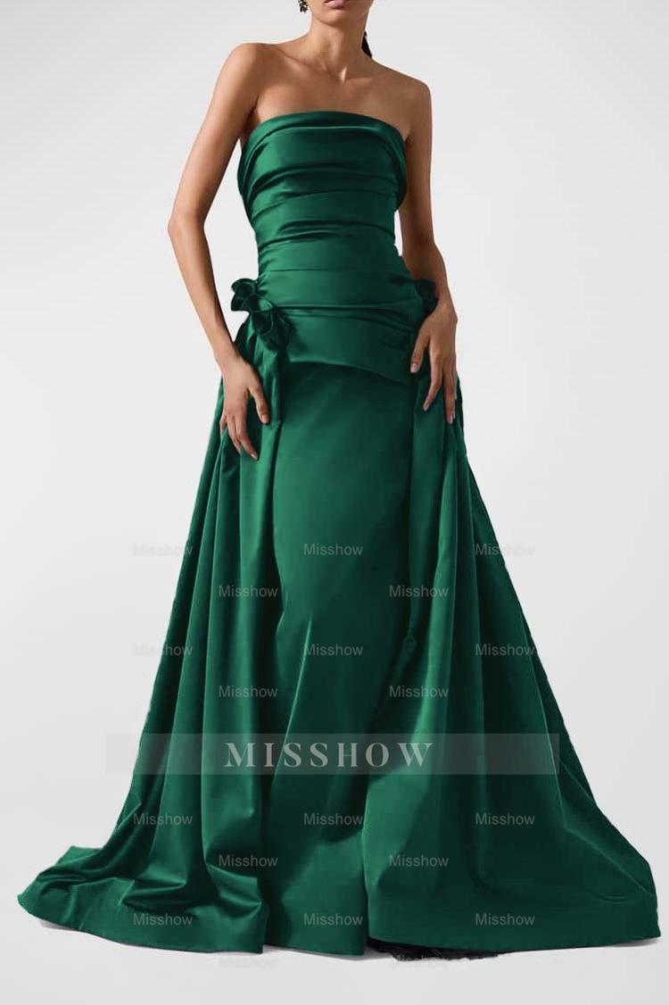 Strapless Backless Sleeveless Long A Line Formal Dress With Pleated