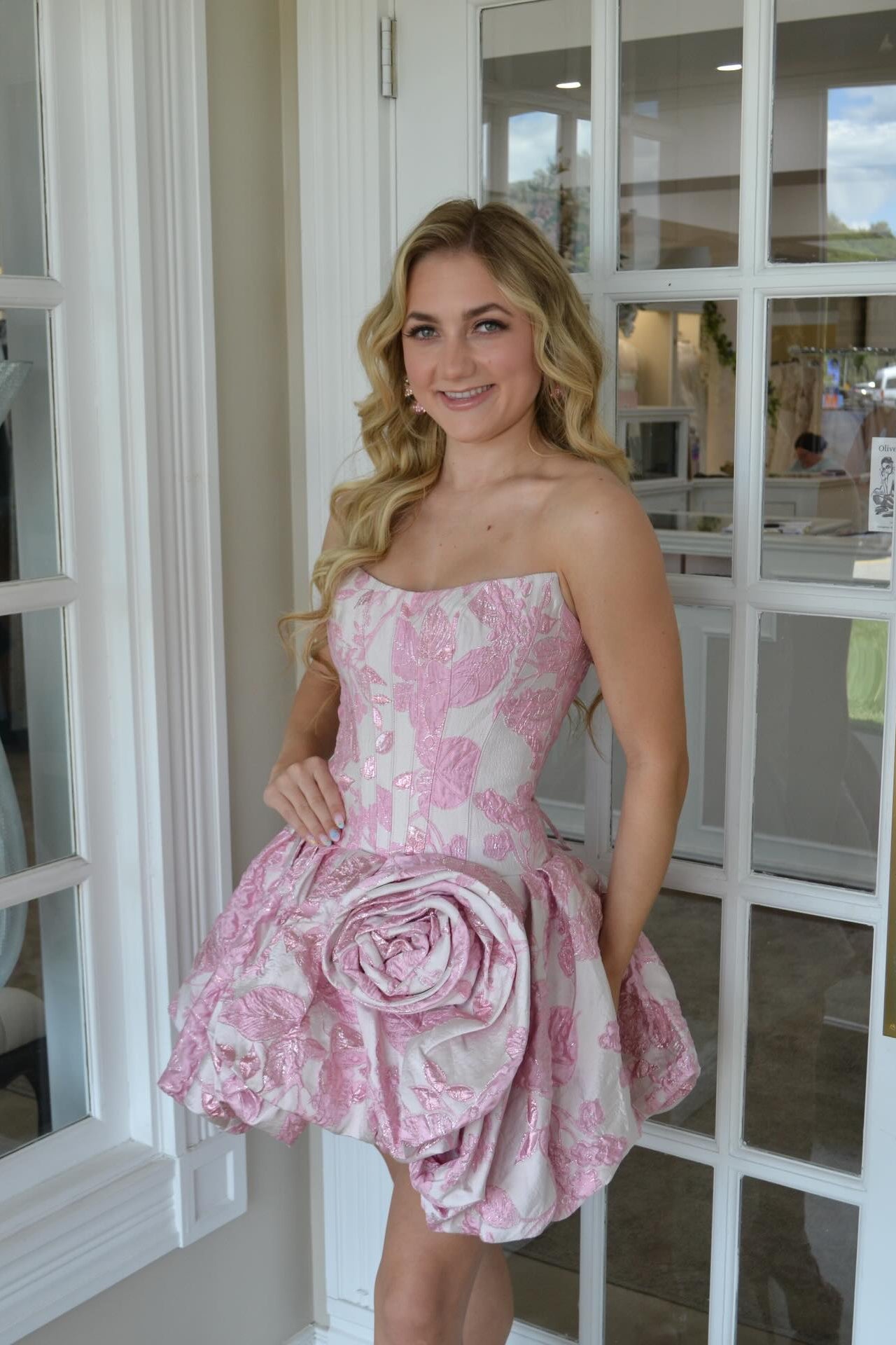 Strapless Boned Corset Floral Jacquard Lace-Up Back 3D Rose Bubble A-Line Homecoming Dress Mini