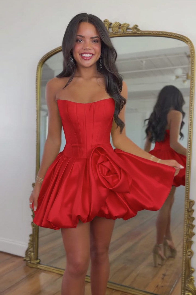 Strapless Boned Corset Satin 3D Rose Bubble A-Line Homecoming Dress Mini