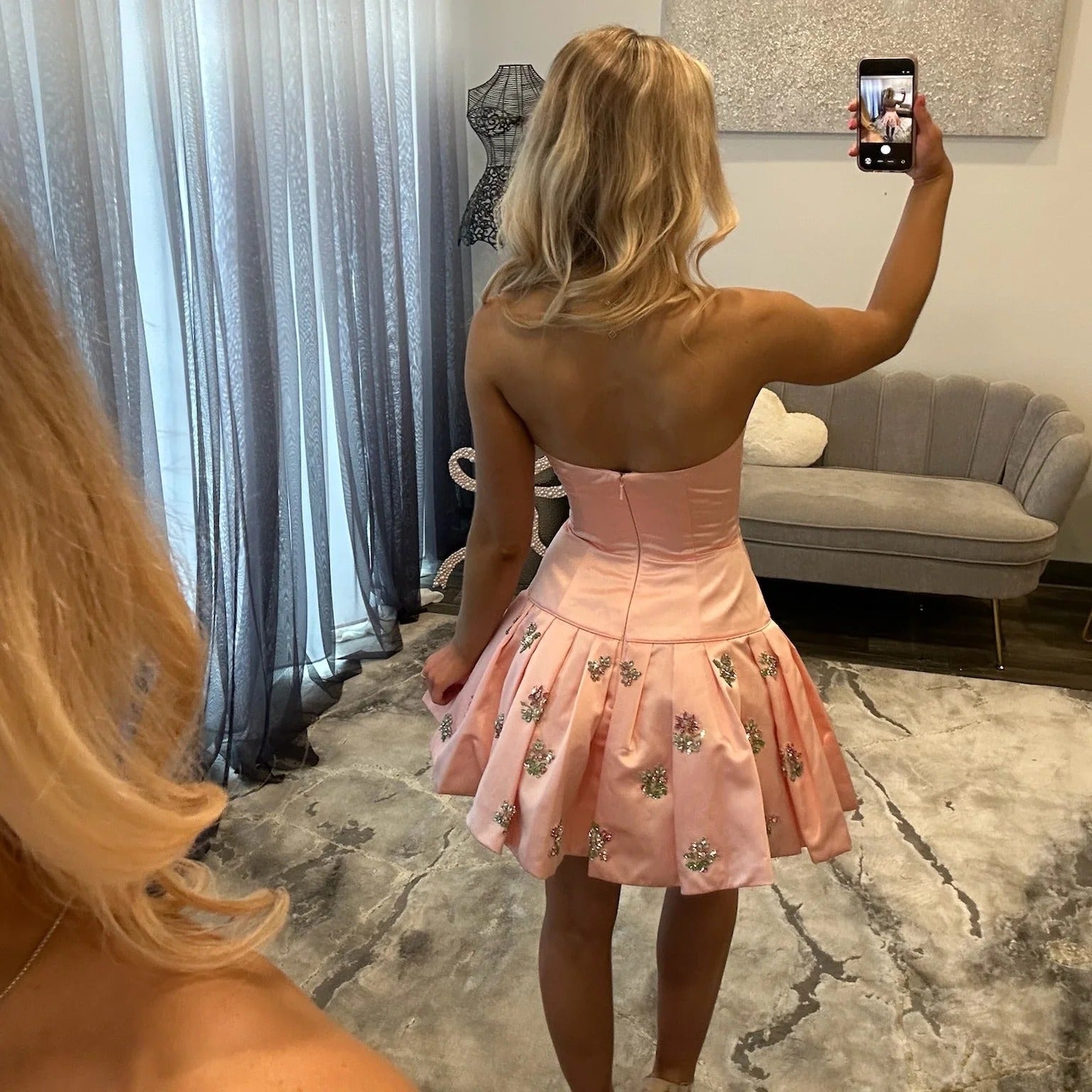Strapless Boned Corset Satin Floral Beading Drop Waist Pleated A-Line Homecoming Dress Mini