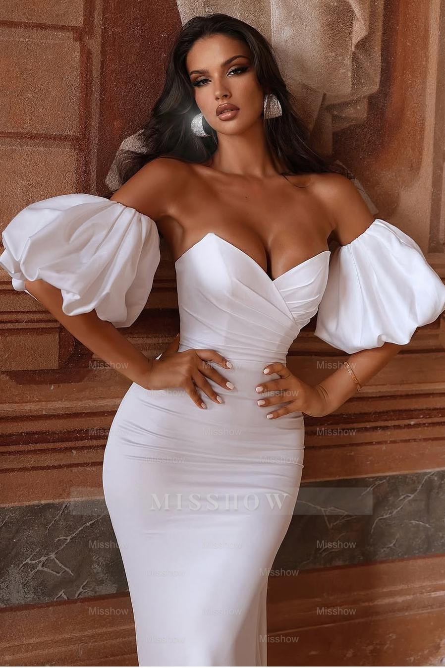 Strapless Bubble Sleeves Long Mermaid Formal Dress With Pleated