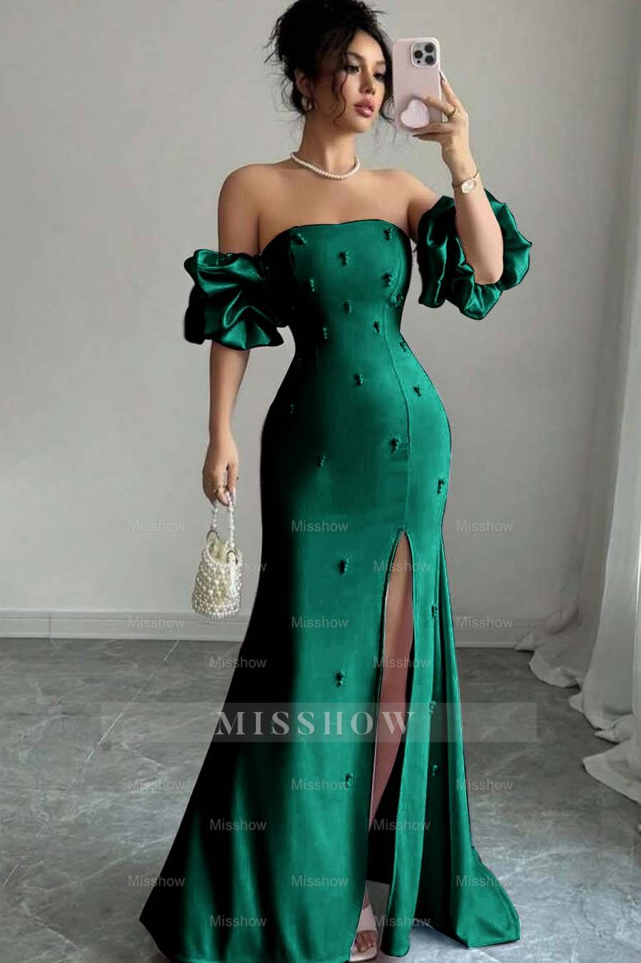 Strapless Bubble Sleeves Long Split Formal Dress With Beading