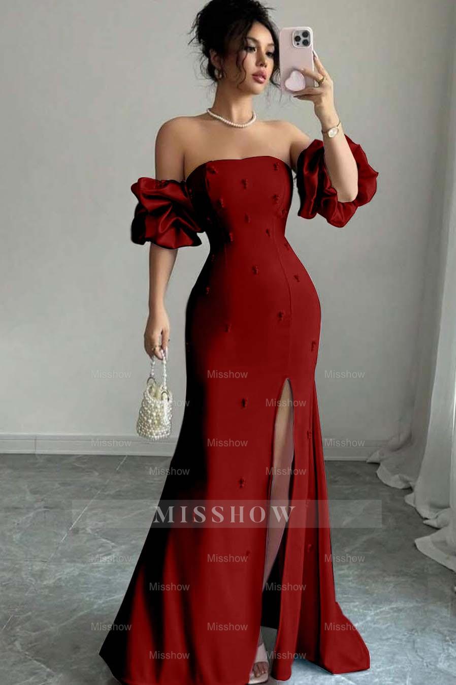 Strapless Bubble Sleeves Long Split Formal Dress With Beading