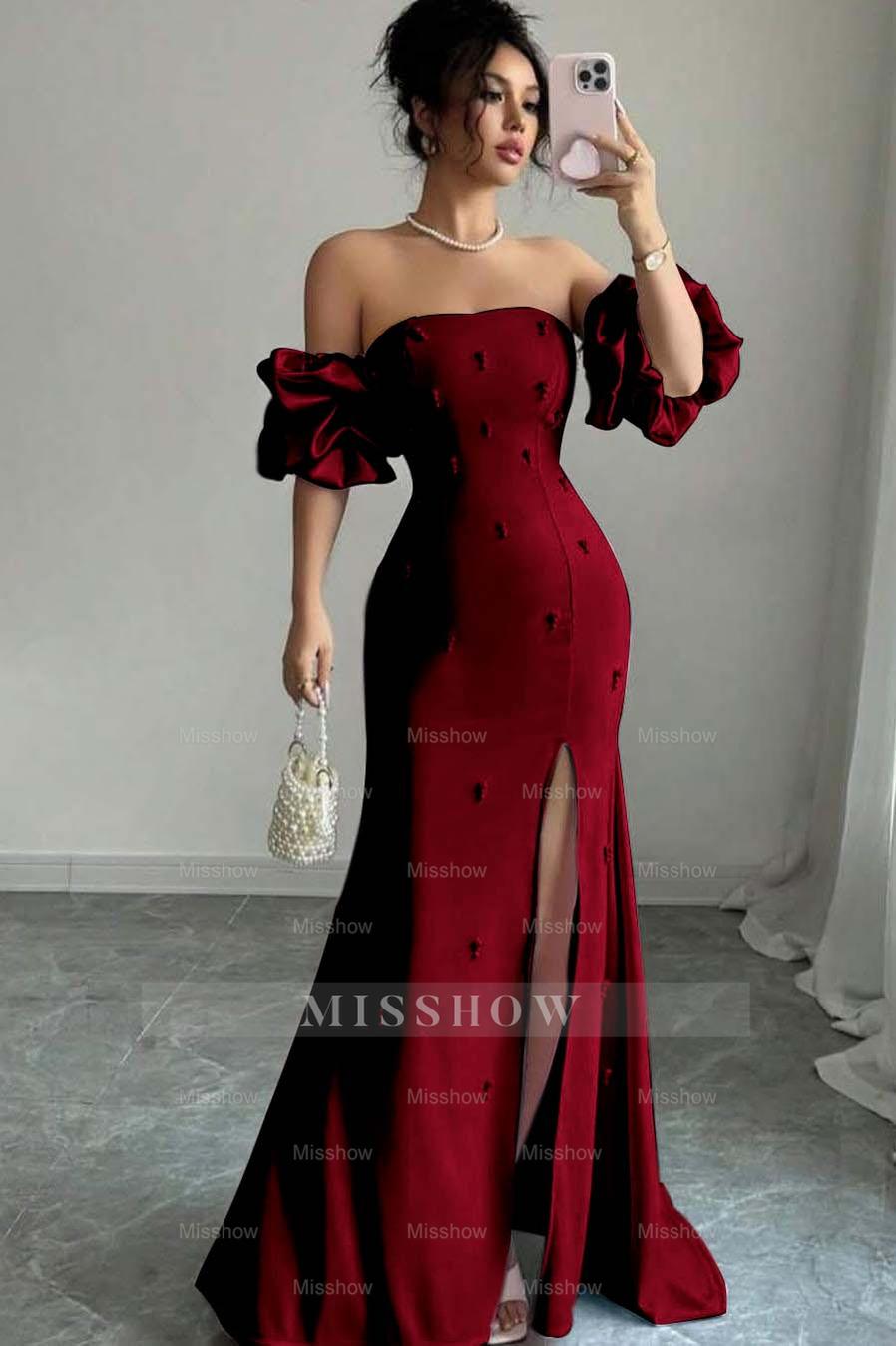 Strapless Bubble Sleeves Long Split Formal Dress With Beading