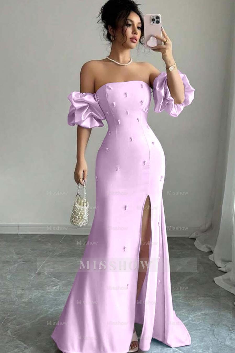 Strapless Bubble Sleeves Long Split Formal Dress With Beading