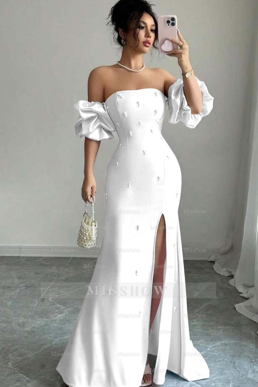 Strapless Bubble Sleeves Long Split Formal Dress With Beading