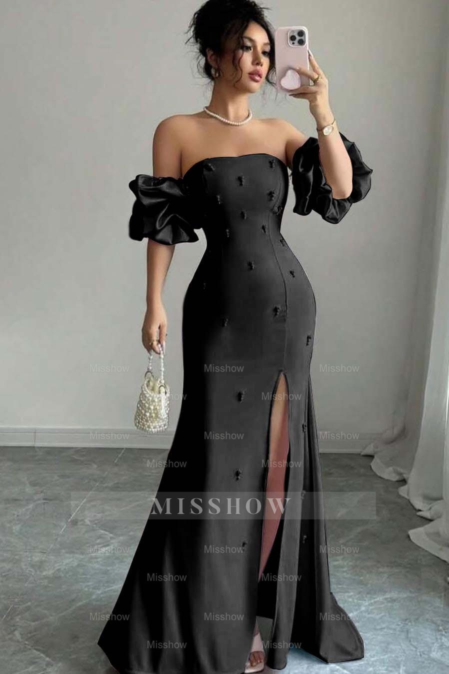 Strapless Bubble Sleeves Long Split Formal Dress With Beading