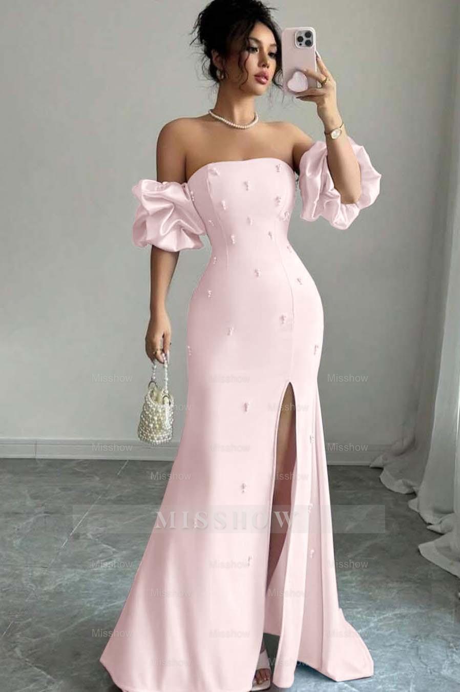 Strapless Bubble Sleeves Long Split Formal Dress With Beading