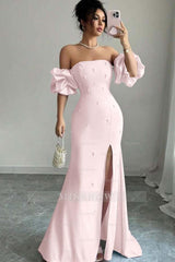Strapless Bubble Sleeves Long Split Formal Dress With Beading