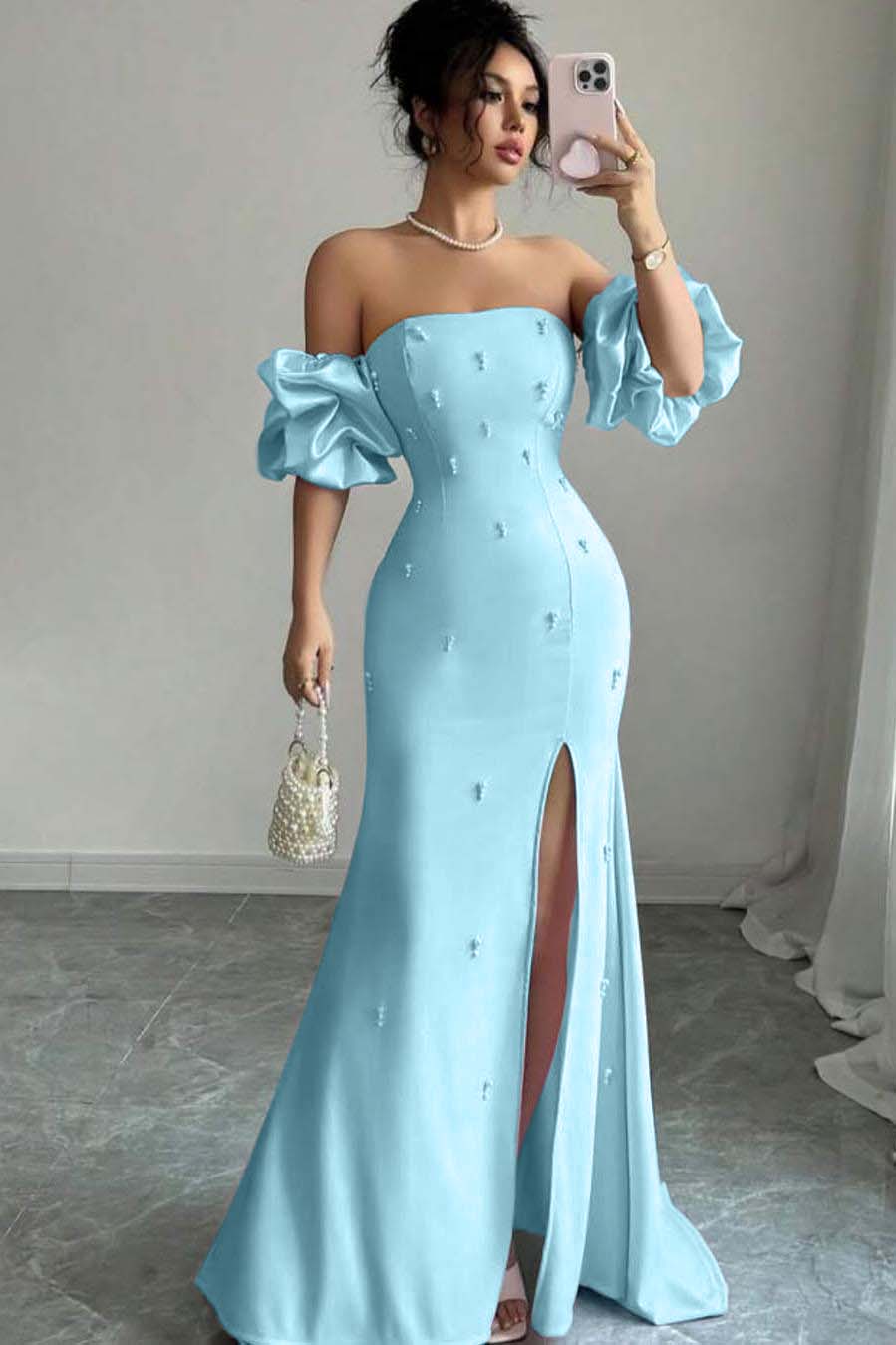 Strapless Bubble Sleeves Long Split Formal Dress With Beading